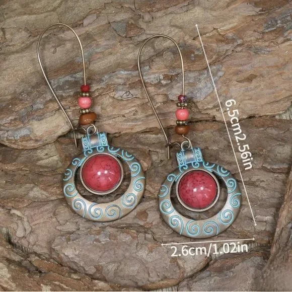NEW Aberdine Handmade Boho Red and Blue Copper Beaded Drop Earrings - Picture 5 of 5